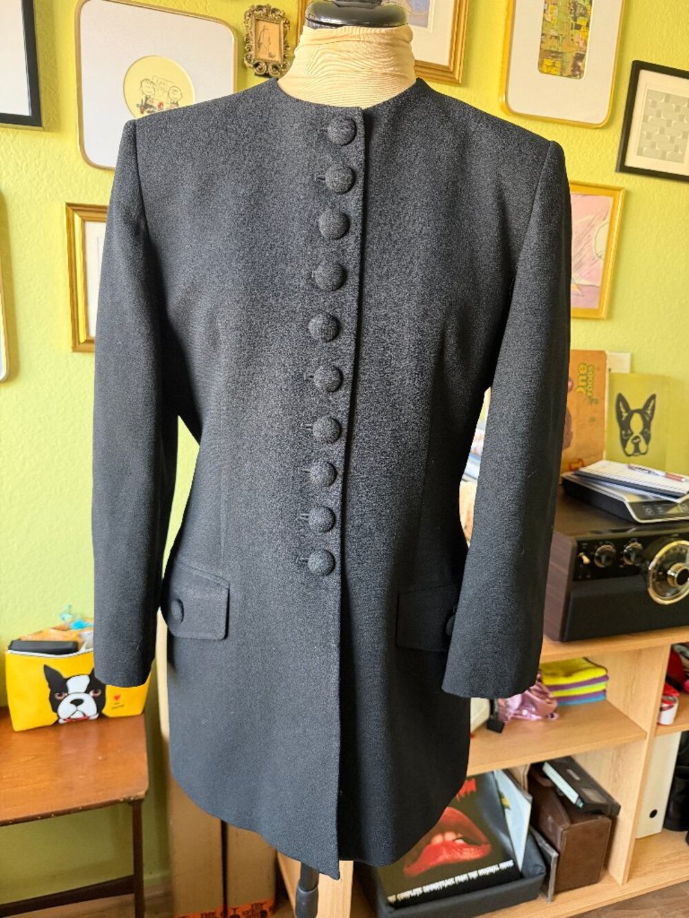Vintage 90s Jones New York Wool Military Coat Collarless Mandarin Button 6